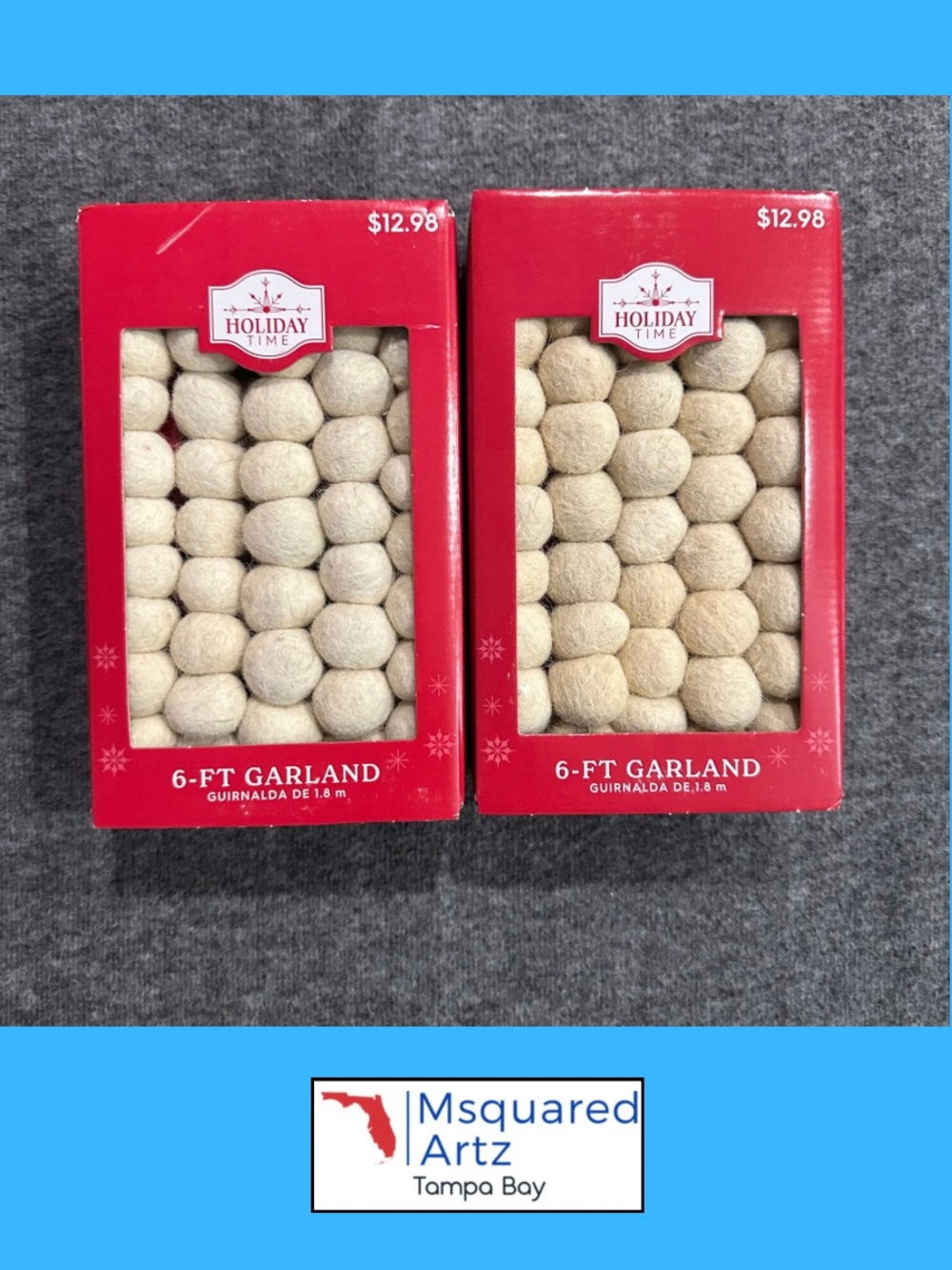 Holiday Time Ivory Felt Ball Christmas Garland 6 Ft Lot of 2 New in Box